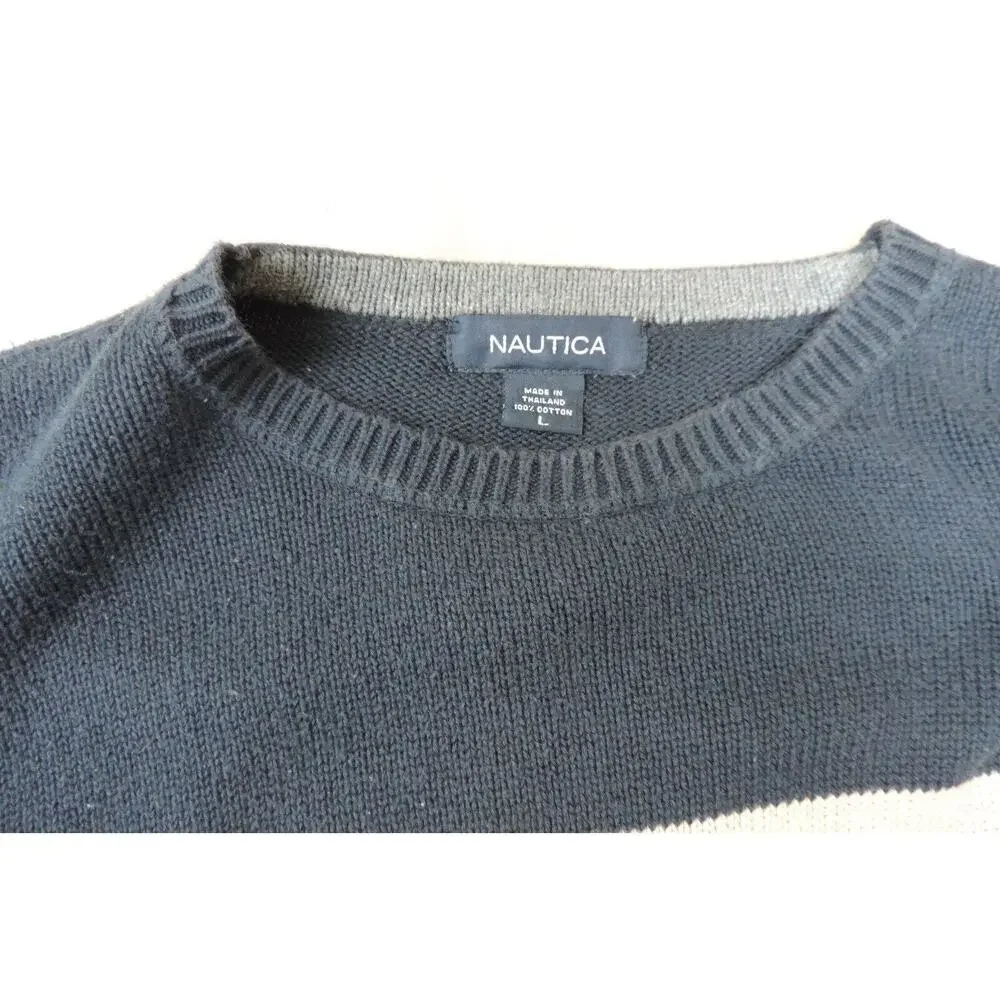 Nautica men's size L cotton crew neck sweater knit tan and navy blue